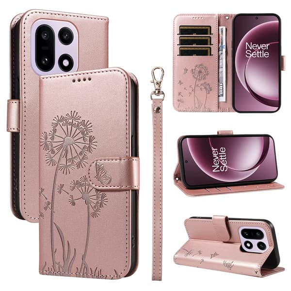 OnePlus 15 Plånboksfodral Dandelion Imprint Konstläder Roséguld