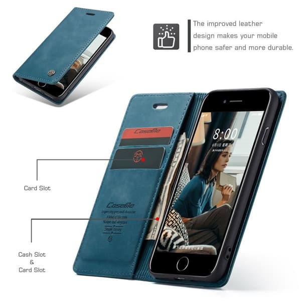 CASEME 013 Mobilskal KonstLäder med Plånboksfodral för iPhone 8/7/SE Blå