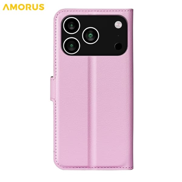 AMORUS iPhone 17 Pro Konstläder Plånboksfodral Flipstativ Litchi - Rosa Rosa
