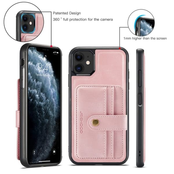 JEEHOOD Mobilskal till iPhone 11 Shockproof Wallet RFID-Skydd Rosa