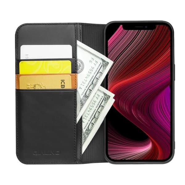 QIALINO iPhone 13 Mini Plånboksfodral Cowhide Äkta Läder Svart