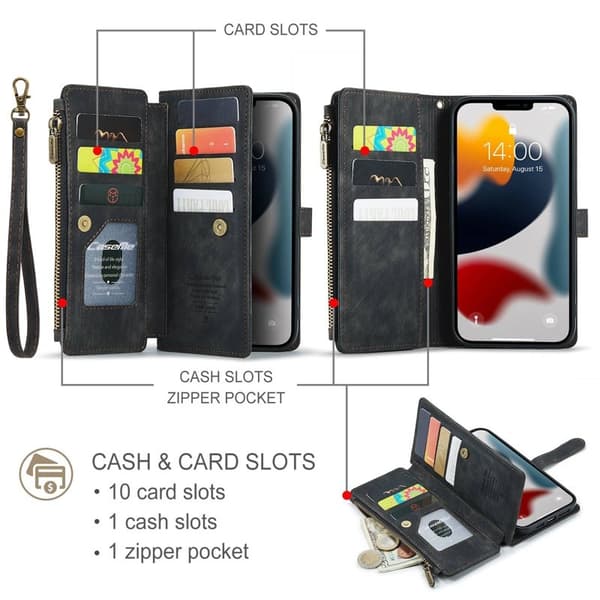 CASEME Konstläder Plånboksfodral för iPhone 13 Pro Max med rem - Svart