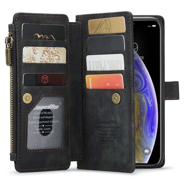 CASEME Konstläder Plånboksfodral för iPhone XS Max med Rem - Svart