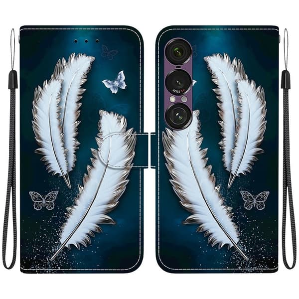 Sony Xperia 1 VII Konstläder Plånboksfodral med Lanyard Printing - Vit Feather Vit