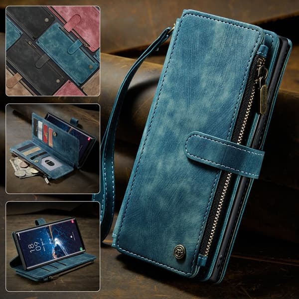 CASEME Konstläder Plånboksfodral för Samsung Galaxy S25 Ultra med rem - Blå