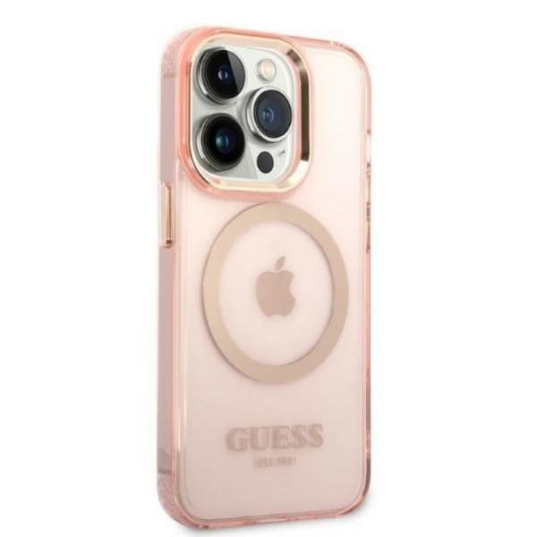 GUESS iPhone 14 Pro Skal MagSafe Gold Outline Translucent - Rosa Rosa