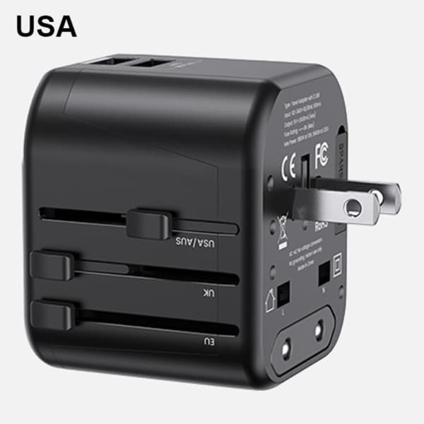 USAMS 4in1 Universal rejseopladeradapter 12W 2xUSB US/AU/EU/UK T55 Svart