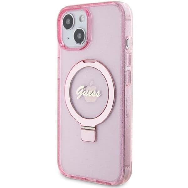 Guess Mobilskal till iPhone 15/14 Plus Magsafe Ringställ Script Glitter - Rosa Rosa
