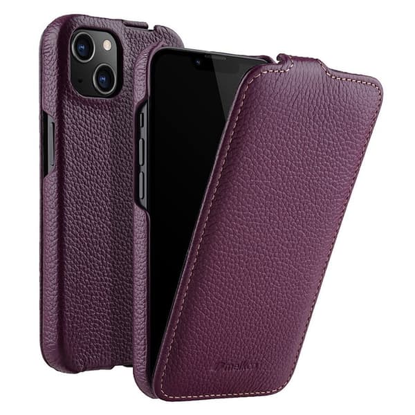MELKCO Mobilskal till iPhone 14 Äkta Läder + PC Vertikalt Flip Lila