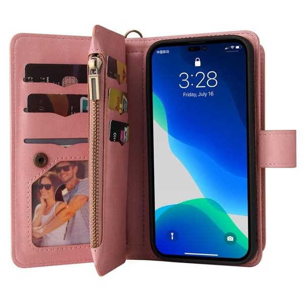 iPhone 14 Plus Plånboksfodral KT Zipper - Rosa Rosa