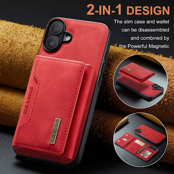 DG.MING iPhone 16 Plus Konstläder Plånboksfodral PU+PC+TPU Röd