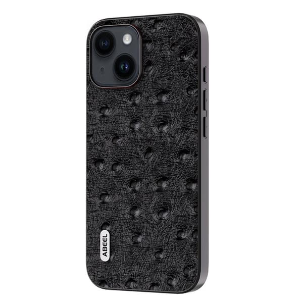 ABEEL Mobilskal till iPhone 15 Plus Ostrich Textur Äkta Läder Svart