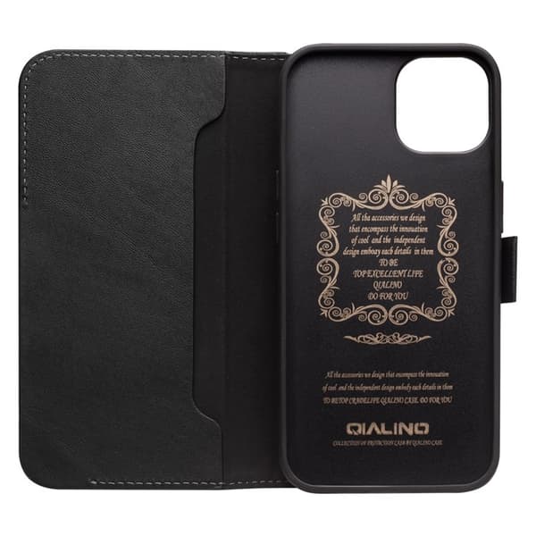 QIALINO iPhone 13 Mini Plånboksfodral Äkta Läder Flip Folio Svart