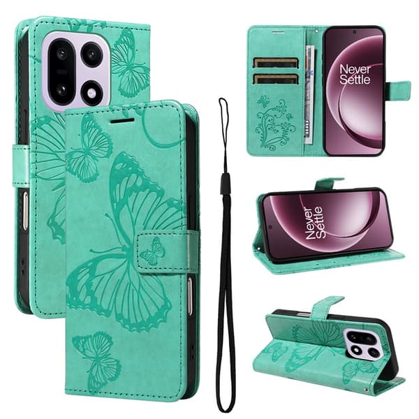 OnePlus 15 5G Konstläder Plånboksfodral Floral Butterfly Imprinted Grön