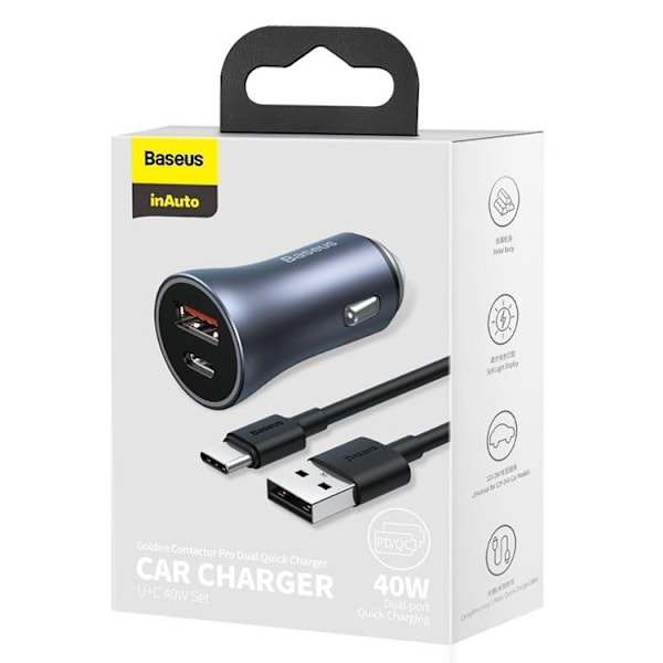 Baseus Golden Billaddare USB/USB-C 40 W USB-C Kabel - Grå Black