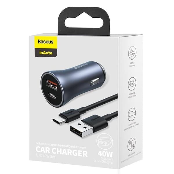 Baseus Golden Billaddare USB/USB-C 40 W USB-C Kabel - Grå Svart