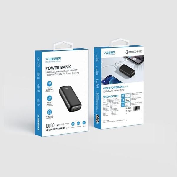 VEGER Powerbank 10000 mAh PD QC 3.0 3A 20W S10 - Svart