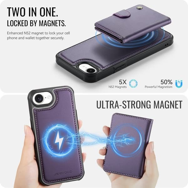 JEEHOOD J09 Mobilskal till iPhone 16e RFID Låsfunktion Läder Lila