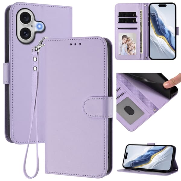 iPhone 16 Plånboksfodral Läder med Handledsrem - Ljuslila Lila