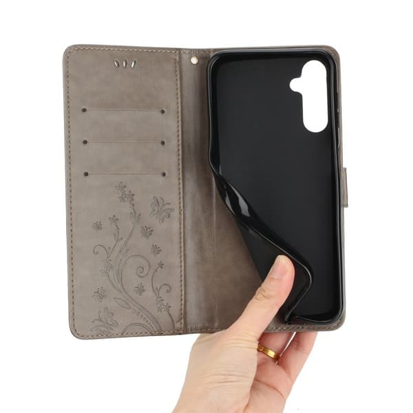 Samsung Galaxy S26 Plus Plånboksfodral Konstläder Fjäril Blomma - Grå