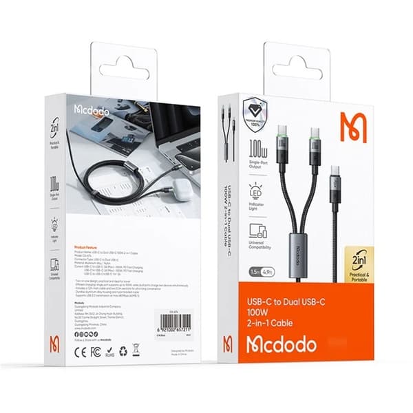 MCDODO 2in1 USB-C Till USB-C/USB-C 100W Kabel 1.5m CA-6740 Svart