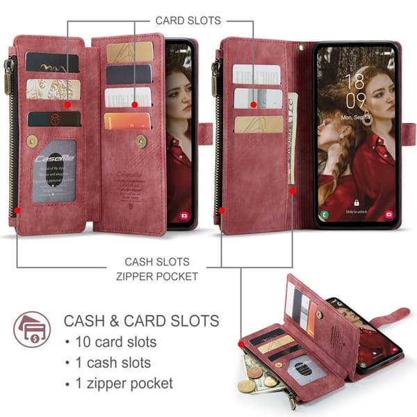 CASEME Konstläder Plånboksfodral för Samsung Galaxy S25 FE med rem - Röd