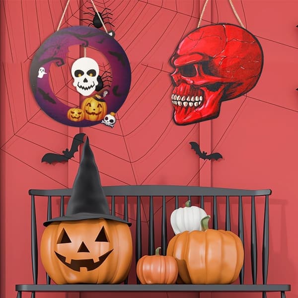 Halloween Hängande Pumpa Fladdermus Spöke Trä - Röd Skull