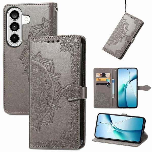 Plånboksfodral för Samsung Galaxy S26 Plus Mandala Blommor Konstläder - Grå