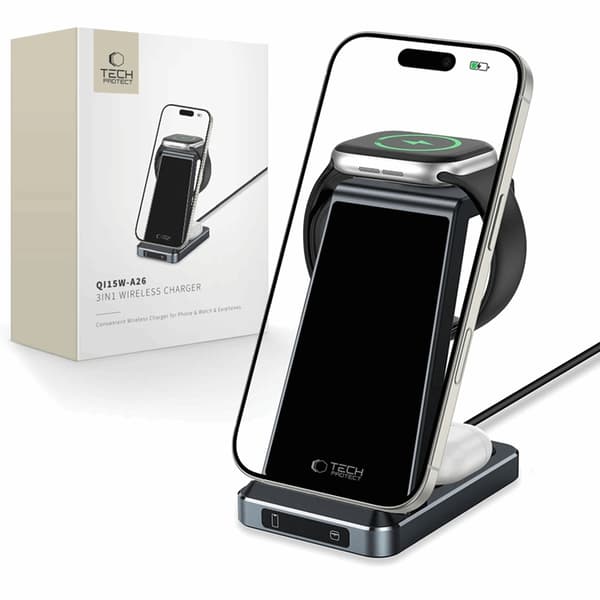 Tech-Protect 3in1 Trådløs Oplader iPhone/Apple Watch/AirPods - S Svart