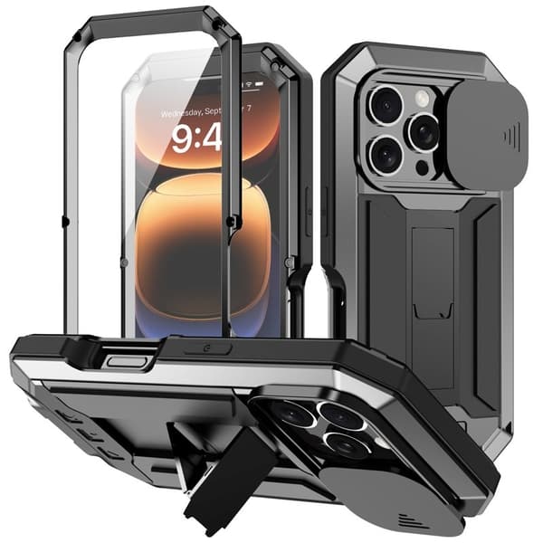 R-JUST Mobilskal till iPhone 16 Pro Kickstand Silicone+Metal+PC Svart