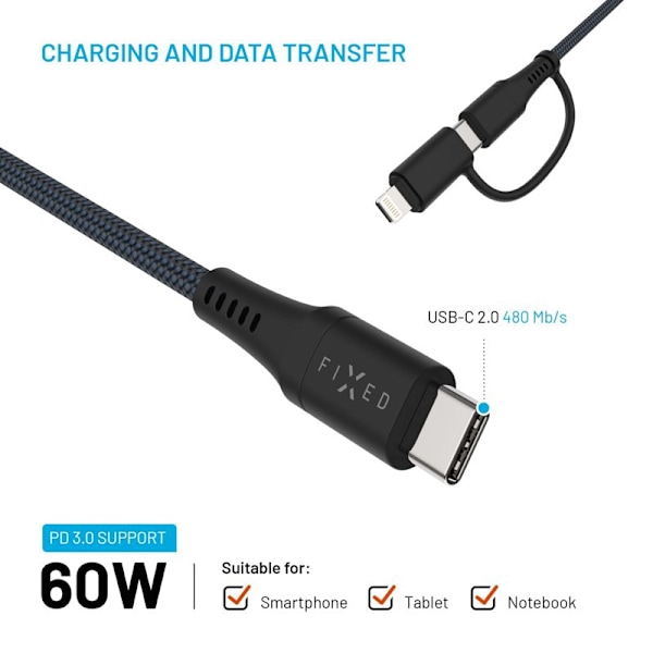 FIXED 2in1 Combo 60W USB-C/Lightning kabel 3m Svart