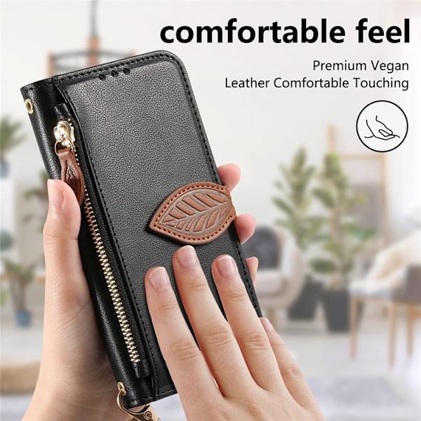 iPhone 17 Plånboksfodral Leaf Magnetiskt Spänne Konstläder Svart