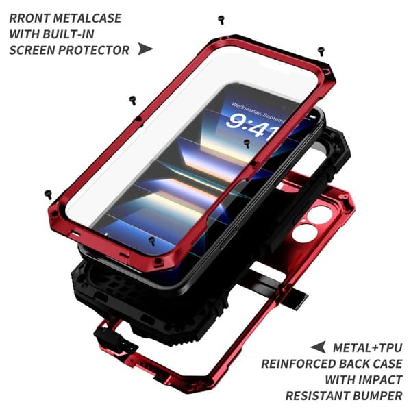 R-JUST Mobilskal till iPhone 16 PC+Silicone+Metal Ställ Röd