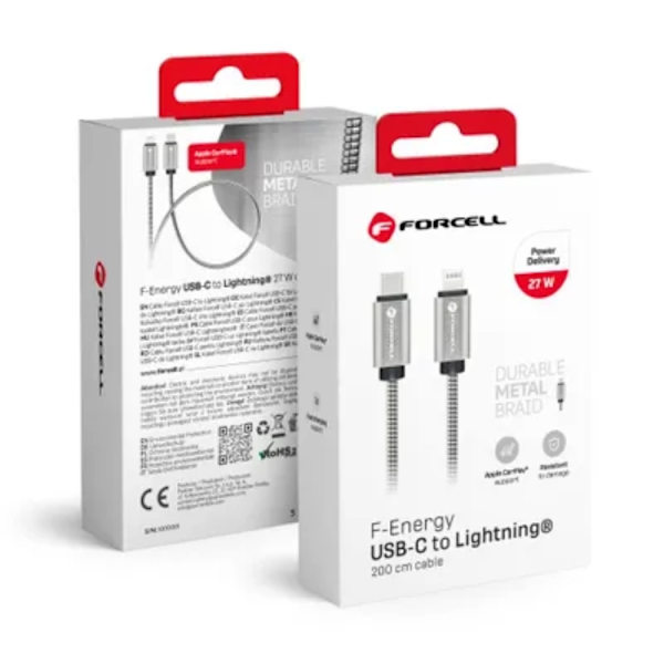 FORCELL USB-C - Lightning 27W Kabel 2m C238 PD 3A - Sølv Silver