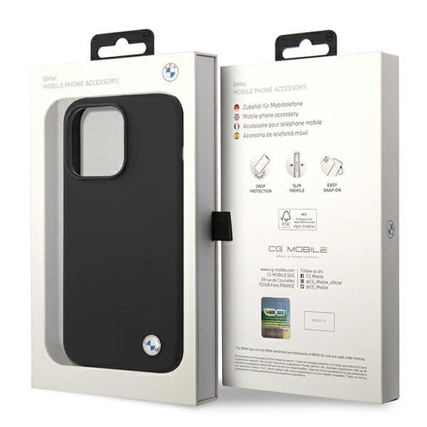 BMW telefontaske til iPhone 14 Pro MagSafe silikone metal logo - sort