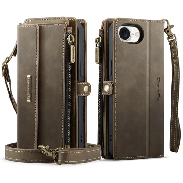 Caseme iPhone 16e Konstläder Plånboksfodral RFID-Skydd Zipper - Brun Brun