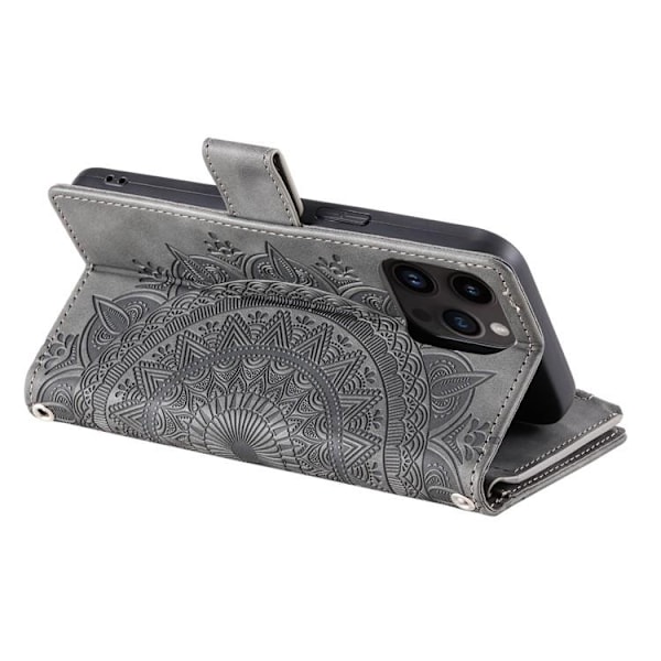 iPhone 15 Pro Max Plånboksfodral Mandala Flower Imprinted - Grå