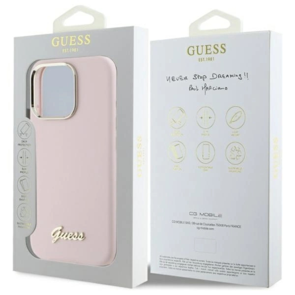 Guess Mobilskal till iPhone 16 Pro Max Silikon Script Metal Logo - Rosa Rosa