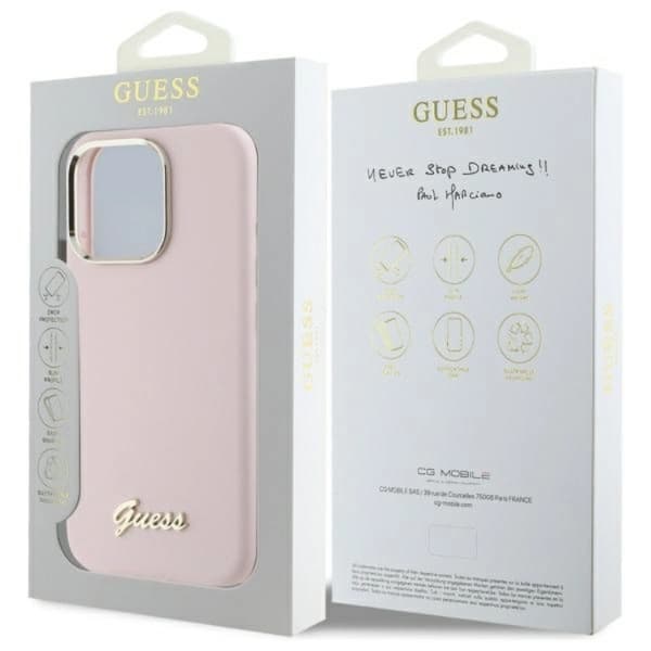 Guess Telefontaske til iPhone 16 Pro Max Silicone Script Metal Logo - Lyserød Rosa