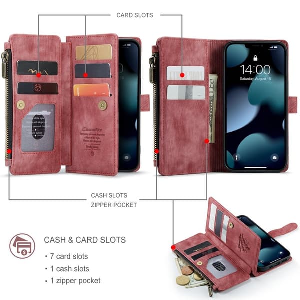 CASEME Konstläder Plånboksfodral för iPhone 13 Pro med Rem - Röd