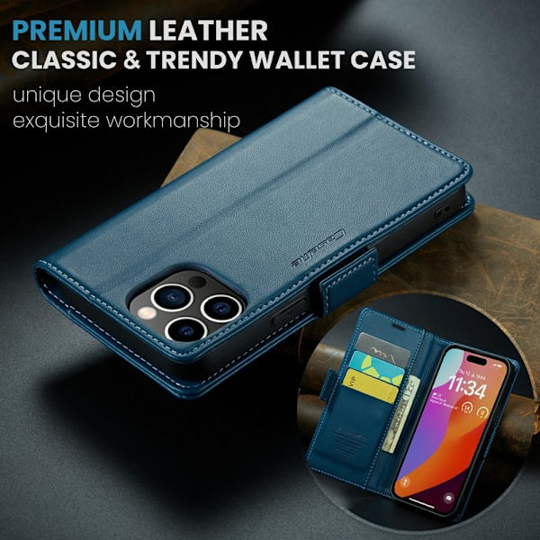 CASEME iPhone 16 Pro Max Plånboksfodral Konstläder RFID-Skydd Blå