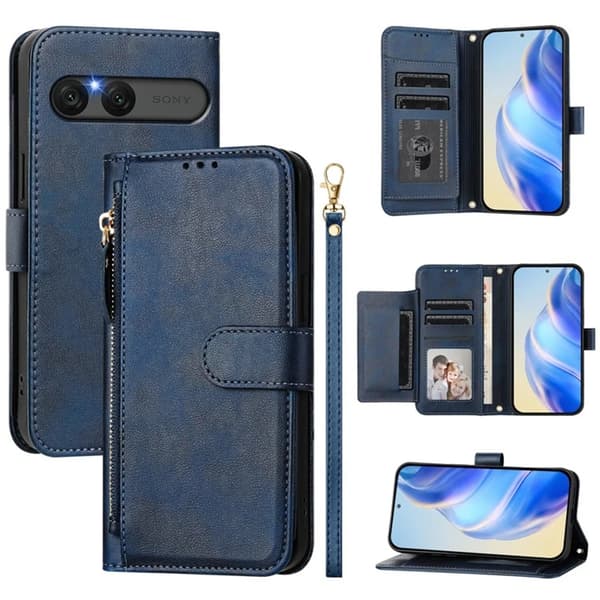 Sony Xperia 10 VII Konstläder Plånboksfodral Zipper Pocket - Blå Blå