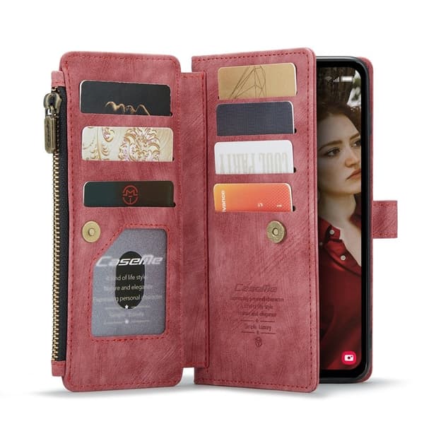 CASEME Konstläder Plånboksfodral för Samsung Galaxy S24 FE Röd med Rem