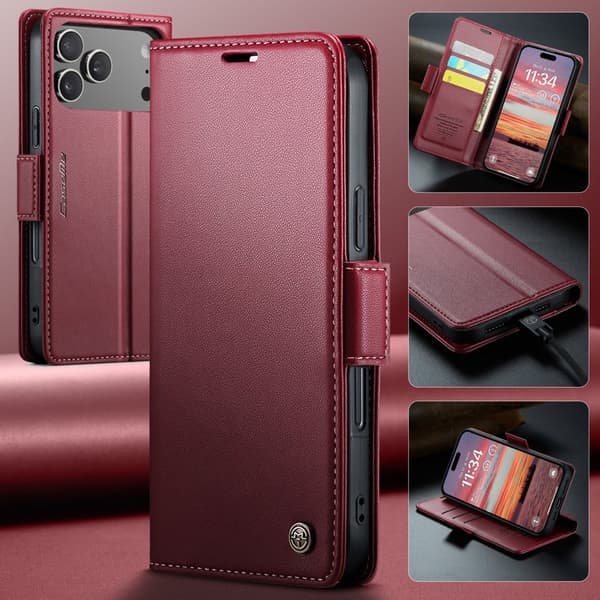 CASEME 023 iPhone 17 Pro Plånboksfodral RFID-Skydd Konstläder Röd