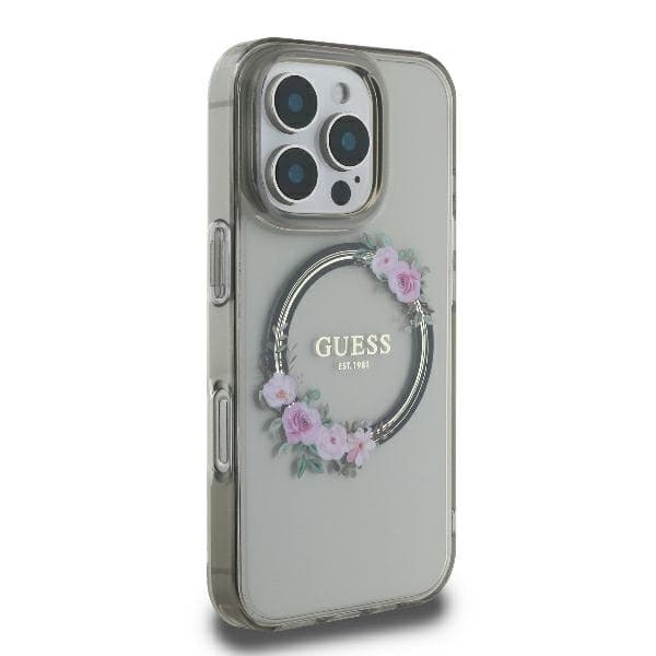 Guess telefontaske til iPhone 16 Pro Max MagSafe IML Blomsterkrans - Sort Black