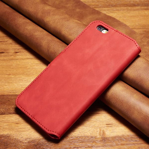 DG.MING Retro Style Plånboksfodral Konstläder för iPhone 6s Plus - Röd