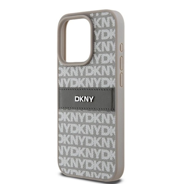 DKNY iPhone 14 Pro Max Mobilskal Läder Mono Stripe & Metal Logo Beige
