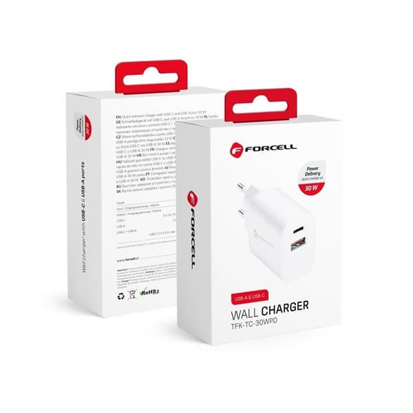 Forcell Väggladdare USB-C/USB-A 30W - Vit Vit