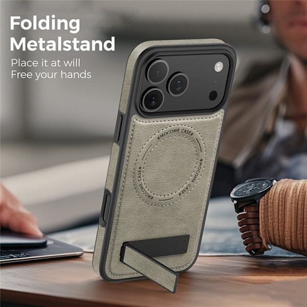 Mobilskal till iPhone 17 Pro MagSafe Kickstand Läder - Grå Grå