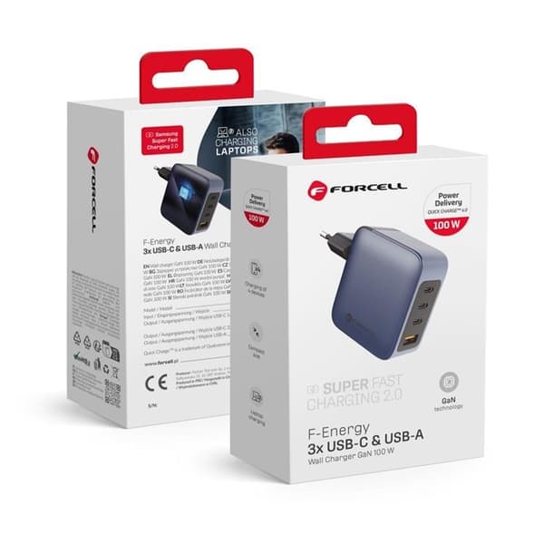 Forcell F-Energy GaN Vægoplader 100W 3xUSB-C 1xUSB-A - Grå Grå